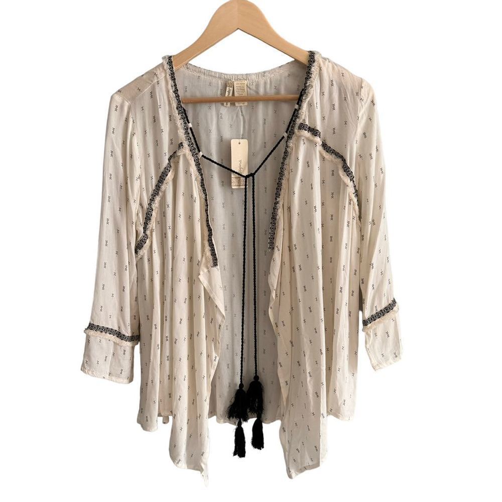 JAPNA Off White Cream Cardigan‎ Top Black Trim Women Small